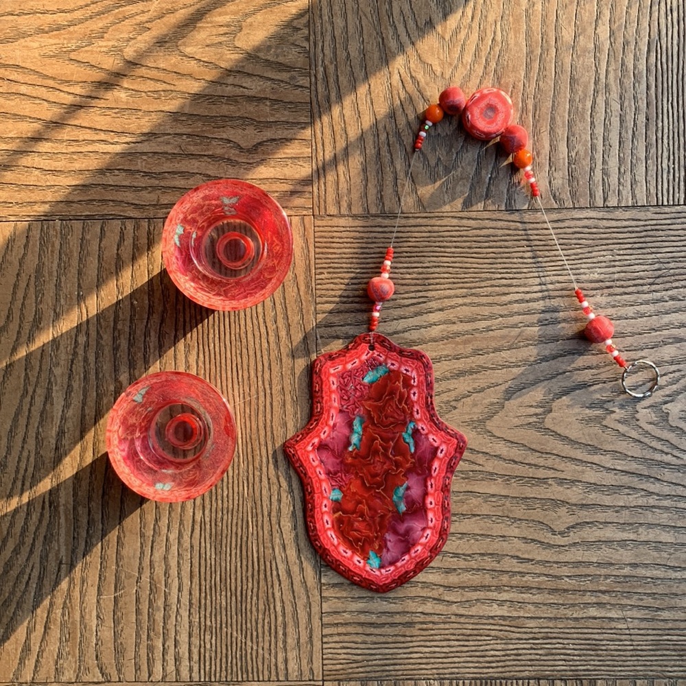 Red Glass Hamsa and Candle Holder Set